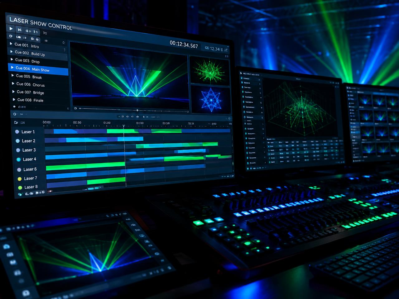 Laser show control desk with timeline programming